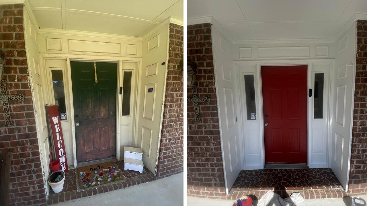 Before and after comparison of restored front door in Red Bay satin